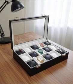 Resim Premium 15 Yuvalı Tamamen Deri Kaplama Cam Kapaklı Şık Tasarım Saat Saklama Kutusu Ebat 34x24x8 Cm Siyah - Beyaz 