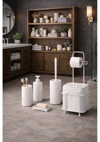 Resim Decorev 6'lı Banyo Seti Metal Standlı Beyaz Ahşap Desenli Tuvalet Wc Kağıtlık Seti 