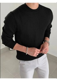 Resim Erkek Bisiklet Yaka Slim Fit Triko Kazak Siyah 