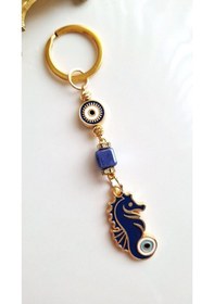 Resim Lüks Hediyelik Zirkon Taşlı Nazar Boncuklu Denizatı Şans Uğur Lacivert Anahtarlık 