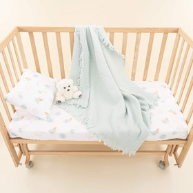Resim Bebek Nevresim Seti (Dört Katlı Muslin Battaniye , Yastık Kılıfı , Lastikli Çarşaf) - Mint Dört Kat Muslin Battaniye - Su Yeşili Güneş 