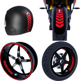 Resim Moto Rider 4'lü Sticker Seti Reflektif Kırmızı İç Dış Jant Şeridi Kask ve Çamurluk Çınar Extreme 