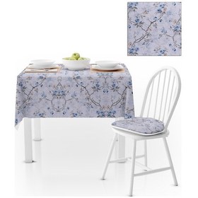 Resim Sarmaşık Desenli Çiçekli Gri Mavi Tarçın Kadife Dokulu 180x220 Masa Örtüsü 