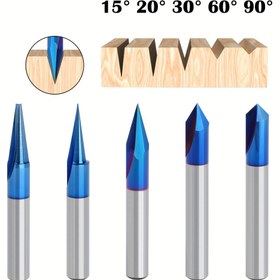 Resim 6.35mm Saplı 2 Yuvalı Sert Alaşım 15 20 30 60 90 Derece Freze Kesici CNC Aleti Ahşap İşleme Gravür Matkap Ucu 
