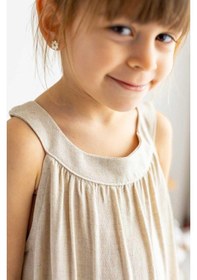 Resim Oliventhekid Bej Naturel Keten Bilezik Yaka Yanları Cepli Ensede Çift Düğmeli Kız Çocuk Elbise Bej Bej 