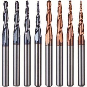 Resim Dreanique 1 adet 1/8" 3.175mm Tungsten Katı Karbür TiAlN Kaplamalı Konik Top Burun Bıçağı CNC Freze Kesici Router Bıçakları Metal Bitiş Freze 2 Flütler Radyus R0.25-R1.0 Konik Top Burun Bitiş Freze HRC55 Ahşap İşleme Gravür Bıçağı 