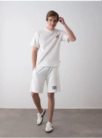 Resim Erkek Çocuk 1983 Yazılı Pamuklu Oversize T-shirt Şortlu Takım-15797 Ekru 