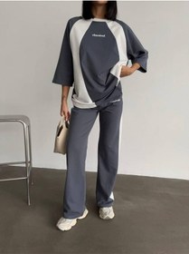 Resim Oversize Yazı Detaylı Unisex Eşofman Takımı Yüksek Bel, Dijital Baskı, Rahat Kesim Gri 