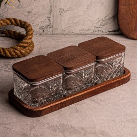 Resim Snippy Milla Kare 4 Parça Tepsili Ahşap Vakumlu Kapaklı Cam Kahvaltılık Çok Amaçlı Cam Çerezlik 230ML 