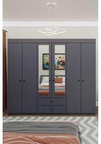 Resim Gm 821 Armina 6 Kapı 2 Çekmeceli Aynalı Ceviz Antrasit Gri Düğme 