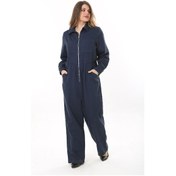 Resim Kadın Büyük Beden Lacivert Ön Fermuarlı 4 Cepli Arka Bel Kemeri Lastikli Kot Tulum 65n37573-lacivert Lacivert 