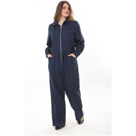 Resim Kadın Büyük Beden Lacivert Ön Fermuarlı 4 Cepli Arka Bel Kemeri Lastikli Kot Tulum 65n37573-lacivert Lacivert 