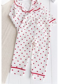 Resim Minik Kap Desenli Düğmeli Pamuk Kız Bebek Pijama Takımı Krem 