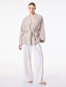 Resim Koton Keten Görünümlü Geniş 3/4 Kol Cepli Önden Bağlama Detaylı Kimono 