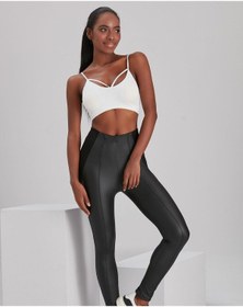 Resim FERTİLİTA Yüksek Bel Toparlayıcılı Örme Garnili Şardonlu Deri Tayt Günlük Siyah 