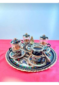 Resim 4lü Bakır Çay Ve Fincan Takımı,lokumluk,yuvarlak Tepsi 