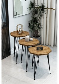 Resim 3'lü Sekizgen Zigon Sehpa Seti - Siyah Metal Ayaklı, Modern & Şık Yan Sehpa, Dayanıklı Salon Ofis Atlantik Çam 