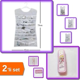 Resim Hereveoyuncak Elbise Şeklinde Mücevher Takı Aksesuar Düzenleyici + Pembe Multi Renkli Kapaklı Kalemlik Kutusu - 2li Set DEF456 