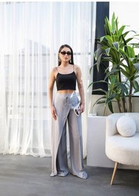 Resim Ge Ticaret Keten Önü Çapraz Parçali Lasti Kli Ve Bağcikli Geni Ş Paça Pantolon Gri 