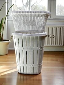 Resim Citim Beyaz Bambu Halatlı Kirli Çamaşır Sepeti ve Selesi Seti 