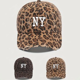 Resim 1 Nakışlı NY Distressed Leopar Desenli Beyzbol Şapkası Nefes Alabilir Ayarlanabilir Golf Yaz Modası Kavisli Kenar 