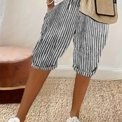 Resim Kadınlar için Retro Çizgili Günlük Fiyonklu Kapri Şortlar - Yüksek Bel, Geniş Paça Tasarım, Hafif Polyester, Makinede Yıkanabilir, Yazlık Kıyafetler İçin Mükemmel, Bahar Gündelik Giyim | Rahat Şık Tarz | Polyester Kapriler, Bayan Şortları 
