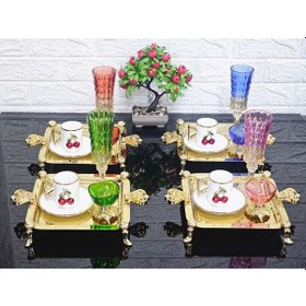 Resim 6 Adet Kahve & Çay & Sunum Tepsisi Gold Kare Prenses Taşlı Ayaklı Kulplu Tepsi Gold 