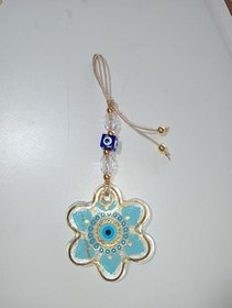 Resim Hologram Baskılı Şeffaf Cam Papatya Şekilli Nazar Boncuğu (9x10 cm ebatlı) Akrilik boncuklar ile süslenmiş bağlama ipi ile beraber toplam boy 24 cm dir 