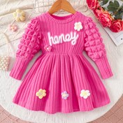 Resim Kız Çocuk Pembe Bal Harfli & Çiçek Detaylı Fırfırlı Kollu Elbise - Kabarık Kollu & A Kesim Etekli - Yumuşak Pastel Pembe Balmumu Harfli & Çiçek Aplike Detaylı Kışlık Elbise, Rahat Sonbahar/Kışlık Dış Mekan Oyun & Özel Gün Kombini 