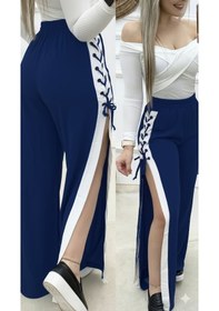 Resim Kadın Yüksek Bel Yandan Çapraz Bağcıklı Yırtmaçlı Viskon Iki Iplik Pantolon Lacivert 