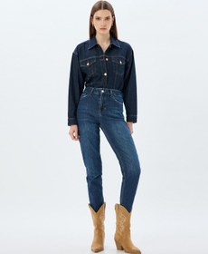 Resim Koton Yüksek Bel Kot Pantolon Düz Paça Düğmeli Cepli Pamuklu - Slim Straight Fit Jeans Koyu İndigo 5wal40038md Koyu İndigo 