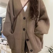 Resim Kadınlar İçin Çift Cepli, V Yaka Tek Düğmeli Günlük Kazak Kaban - Sonbahar ve Kışlık Hırka 