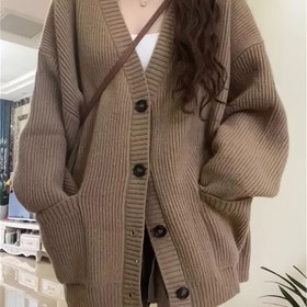 Resim Kadınlar İçin Çift Cepli, V Yaka Tek Düğmeli Günlük Kazak Kaban - Sonbahar ve Kışlık Hırka 