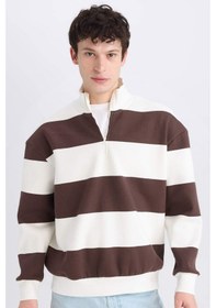 Resim DeFacto Boxy Fit Fermuarlı Dik Yaka Çizgili Sweatshirt C7045AX24AUBN497 Kahve Kahverengi 