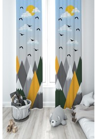 Resim Mekta Home Bebek Ve Çocuk Odası Renkli Dağ Desenli 2 Kanat Fon Perde 