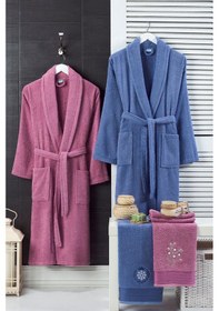 Resim 4 Parça Aile Bornoz Seti Kadın Erkek Havlulu Bornoz Takımı Mürdüm-lacivert 