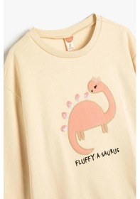 Resim Koton Kız Bebek Dinozorlu Sweatshirt Bisiklet Yaka Uzun Kollu Şardonlu Pamuklu Bej 