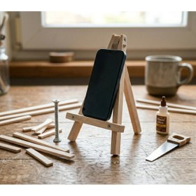 Resim Ev dekka 6 adet Doğal Ahşap Minyatür Şövale Telefon Tutucu - Masaüstü Standı 20x10 cm 