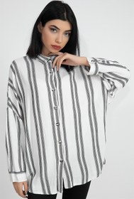 Resim VELİZADE Konfor Modeli Siyah Çizgili Oversize 4 Mevsim Geniş Kalıp Uzun Kollu Düz Kadın Gömlek Tesettür 