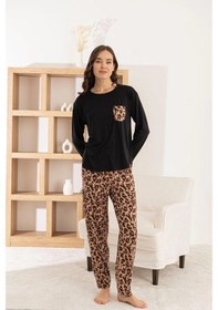 Resim Pijamoni Kadın Milan Kumaş Bisiklet Yaka Leopar Desenli Siyah Pijama Takımı Siyah Leopar 