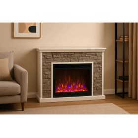 Resim Tektes 130 CM Mdf 3D Taşlı Dekoratif Şömine 8 Renkli Alev Gerçekçi Ses Efekti Wifi Akıllı Kontrol 