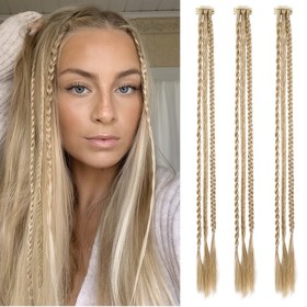 Resim Örgü Saç Ekleri, 3 Adet Klipsli Saç Ekleri Bebek Örgüleri, Bir Klipte 3 Örgü Toplam 6 Örgü, 55.88cm Uzun Doğal Yumuşak Sentetik Saç Parçaları Kadınlar İçin 