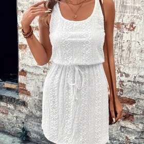 Resim Şık Beyaz Örgü Jakarlı Elbise - Kadınlar İçin Kolsuz V-Yaka, Bahar/Yaz İçin Mükemmel, Rahat Şıklık | Tiewaist Elbise | Polyester Kumaş 