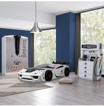 Setaymobilya Sports Çocuk Odası - Vento Arabalı Yatak Dolap Şifonyer - Beyaz