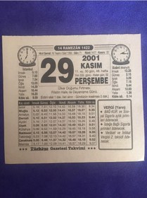 Resim 29 Kasım 2001 Takvim Yaprağı - Nostalji Koleksiyonluk Takvim Yaprağı B 