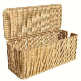 Resim Doğal Dokuma Rattan Saklama Sepeti Kapaklı – Mutfak, Banyo ve Ev Dekoru için El Yapımı Dikdörtgen Organizatör, Dayanıklı Taklit Rattan Tepsisi Saklama ve Sergileme için, Dekoratif Saklama Tepsisi | Rustik Çekicilik | Doğal Malzeme 