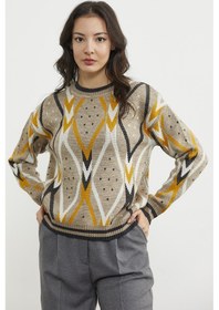 Resim Renkli Baklava Desenli Yünlü Triko Kazak - Bej 001 