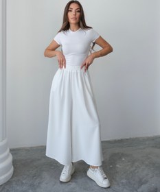Resim Beli Lastikli Geniş Kesim Kloş Double Krep Pantolon Etek 5187 - Beyaz - Beyaz / L-XL 
