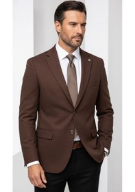 Resim Plus Scorpion Erkek Slim Fit Çift Düğme Çift Yırtmaçlı Blazer Ceket Premium Dokulu Kumaş Kahverengi 