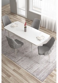 Resim Canisa Tia Serisi 80x132 Açılabilir Mdf Krom Detay Beyaz Yemek Masası Ve 4 Gri Sandalye Masa Beyaz Sandalye Gri 